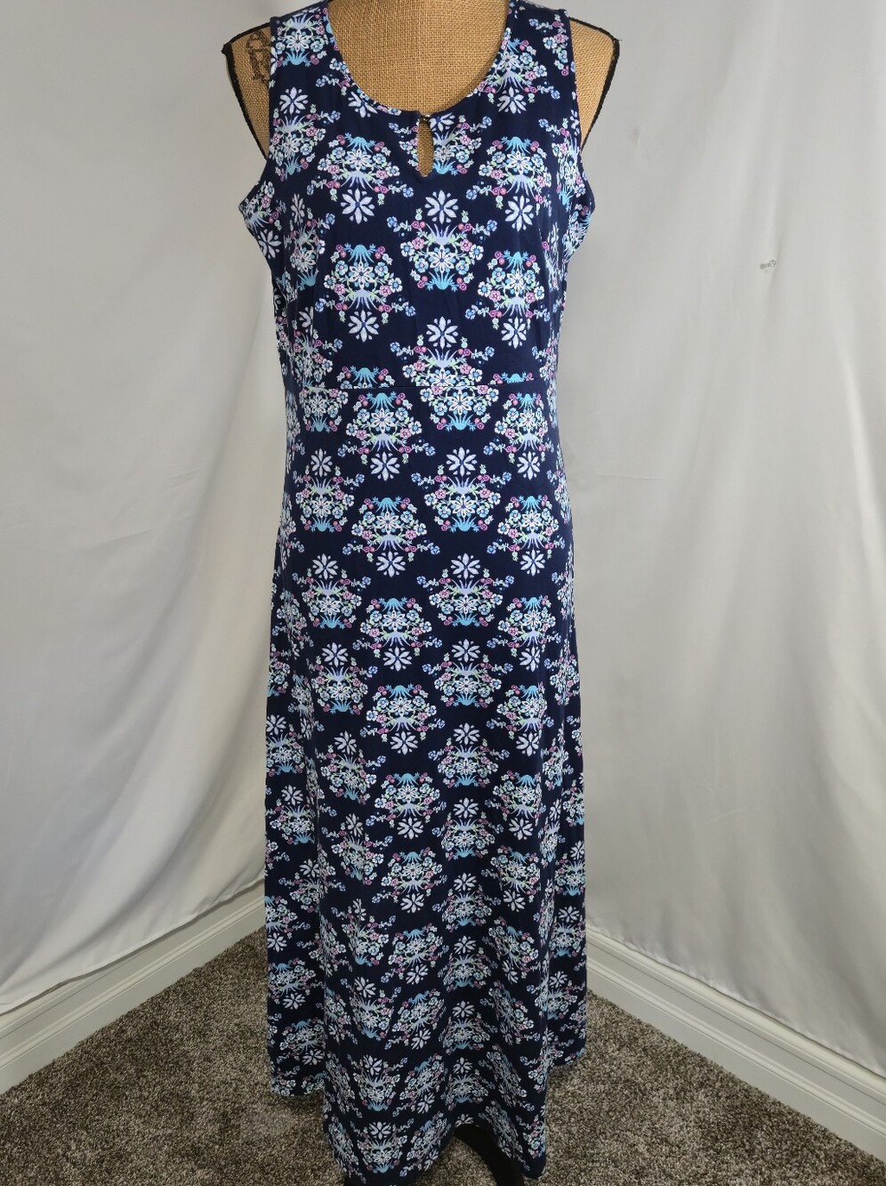 Talbots Navy Maxi Dress with Light Blue and Pink Floral Motif